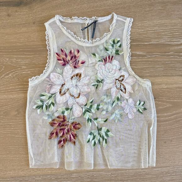 Anthropologie Tops - Anthropologie Top Sheer Mesh Floral Size XS Beige Pink Green